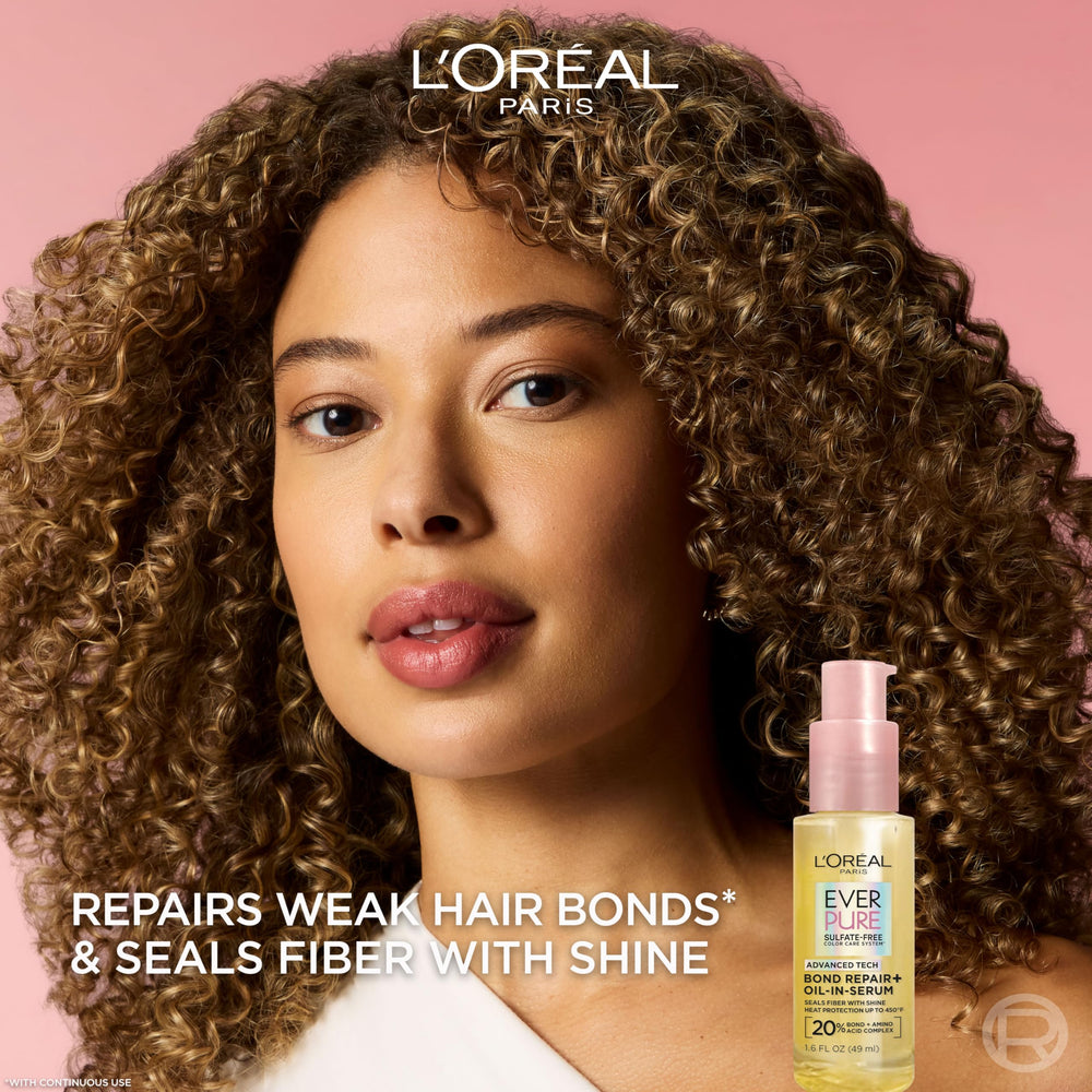 L'Oreal Paris Bond Repair+ serum texture close-up highlights shine and frizz control