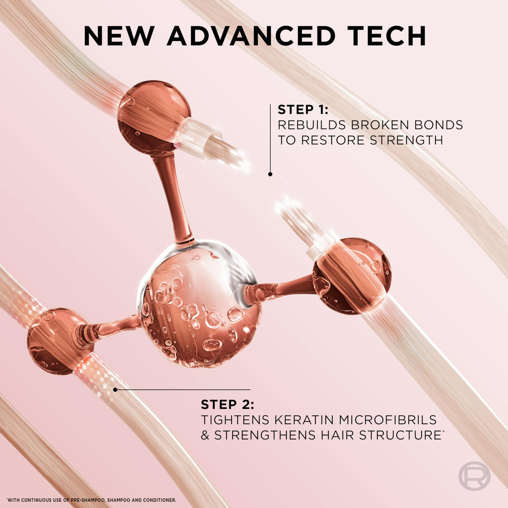 Hair strands shown with EverPure Bond Repair+ Conditioner close-up.