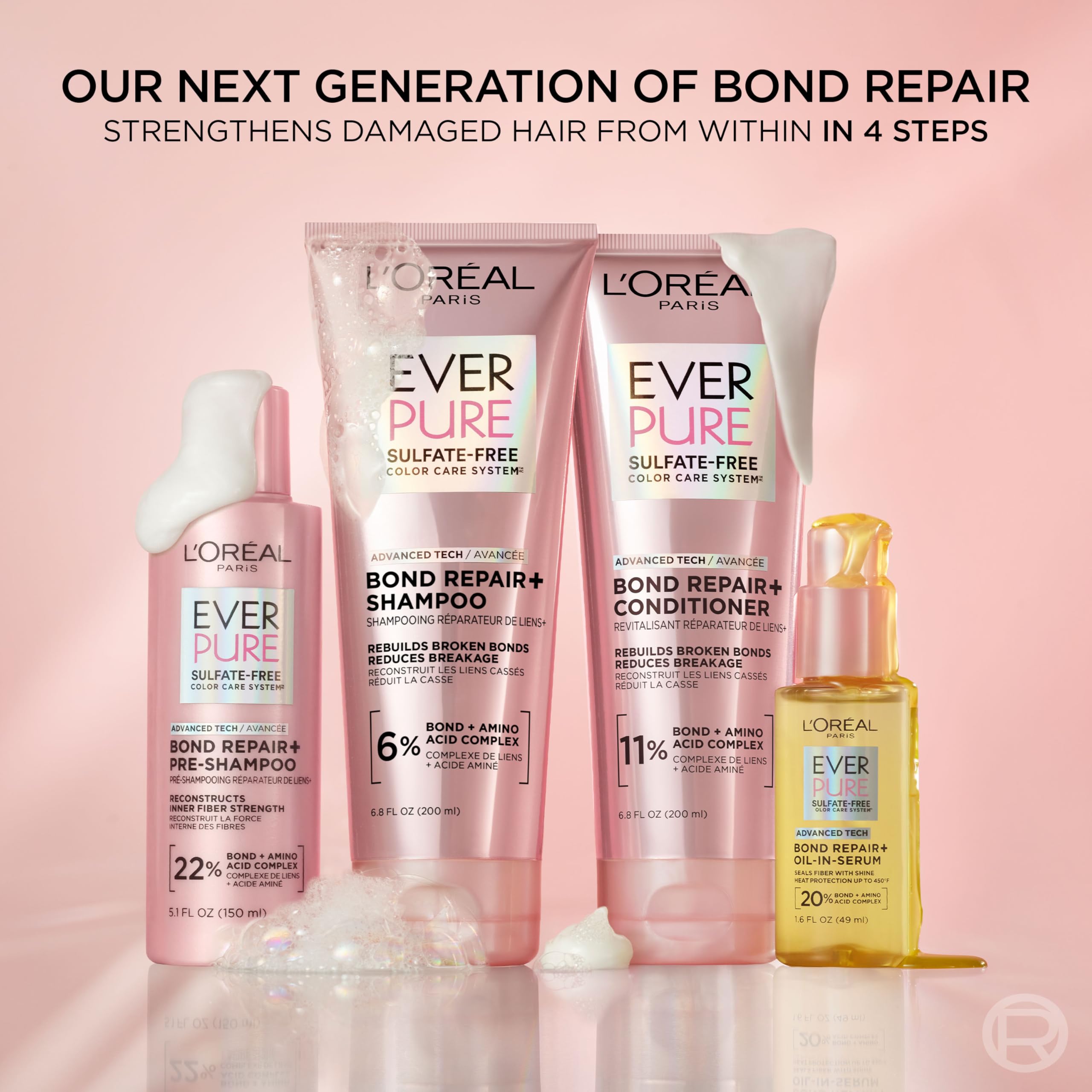 Hands applying EverPure Bond Repair+ Conditioner to mid-lengths for stronger-looking strands.