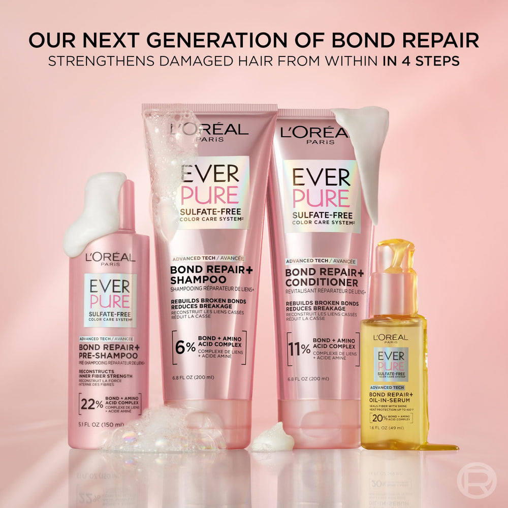 Hands applying EverPure Bond Repair+ Conditioner to mid-lengths for stronger-looking strands.