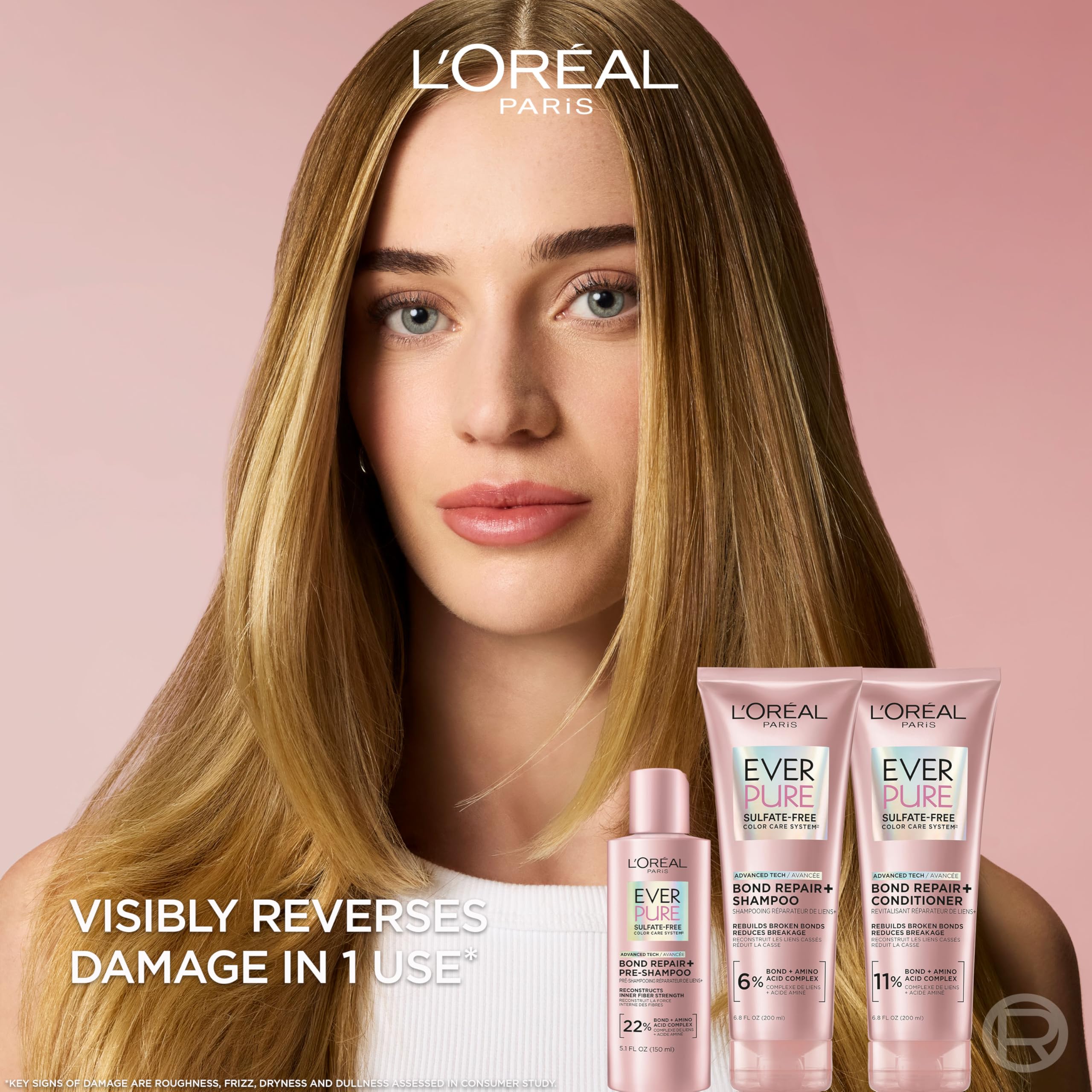 Close-up of EverPure Bond Repair+ label highlighting sulfate-free, color-safe conditioning.