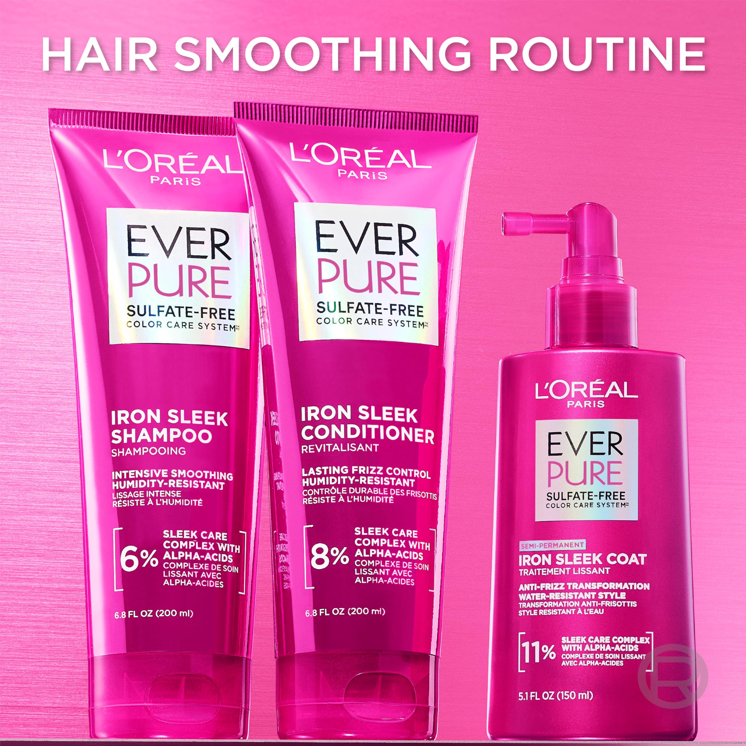 L'Oreal Paris EverPure Iron Sleek Coat spray bottle provides semi-permanent smoothing and humidity defense.