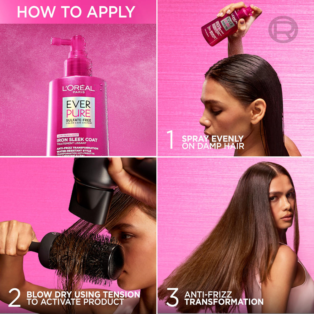 L'Oreal Paris EverPure Iron Sleek Shampoo bottle highlighted for frizz control.