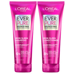 L'Oreal Paris EverPure Iron Sleek shampoo bottle showing frizz control and color protection
