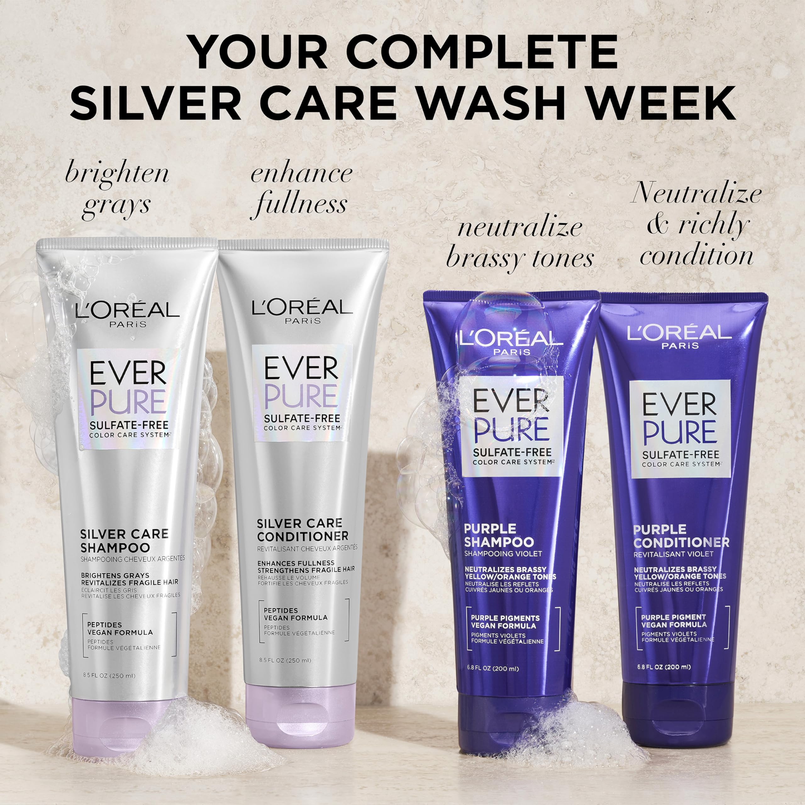 L'Oreal Paris EverPure Silver Care conditioner bottle in a calm bathroom.