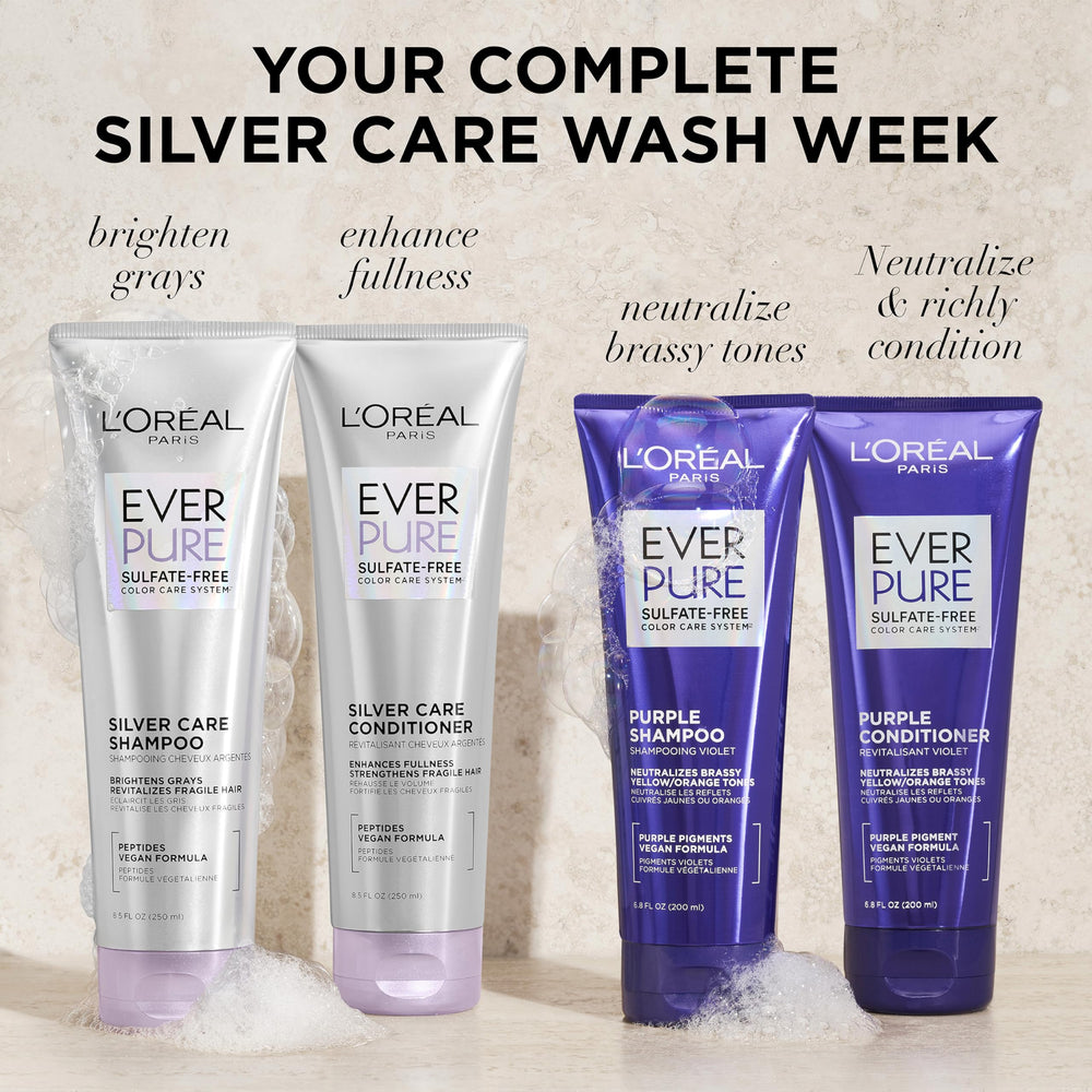 L'Oreal Paris EverPure Silver Care conditioner bottle in a calm bathroom.