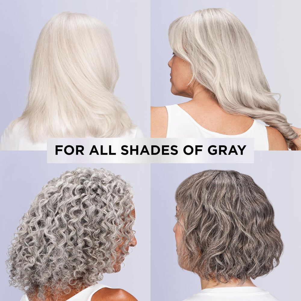 L'Oreal Paris EverPure Silver Care conditioner massaged into wet gray hair.
