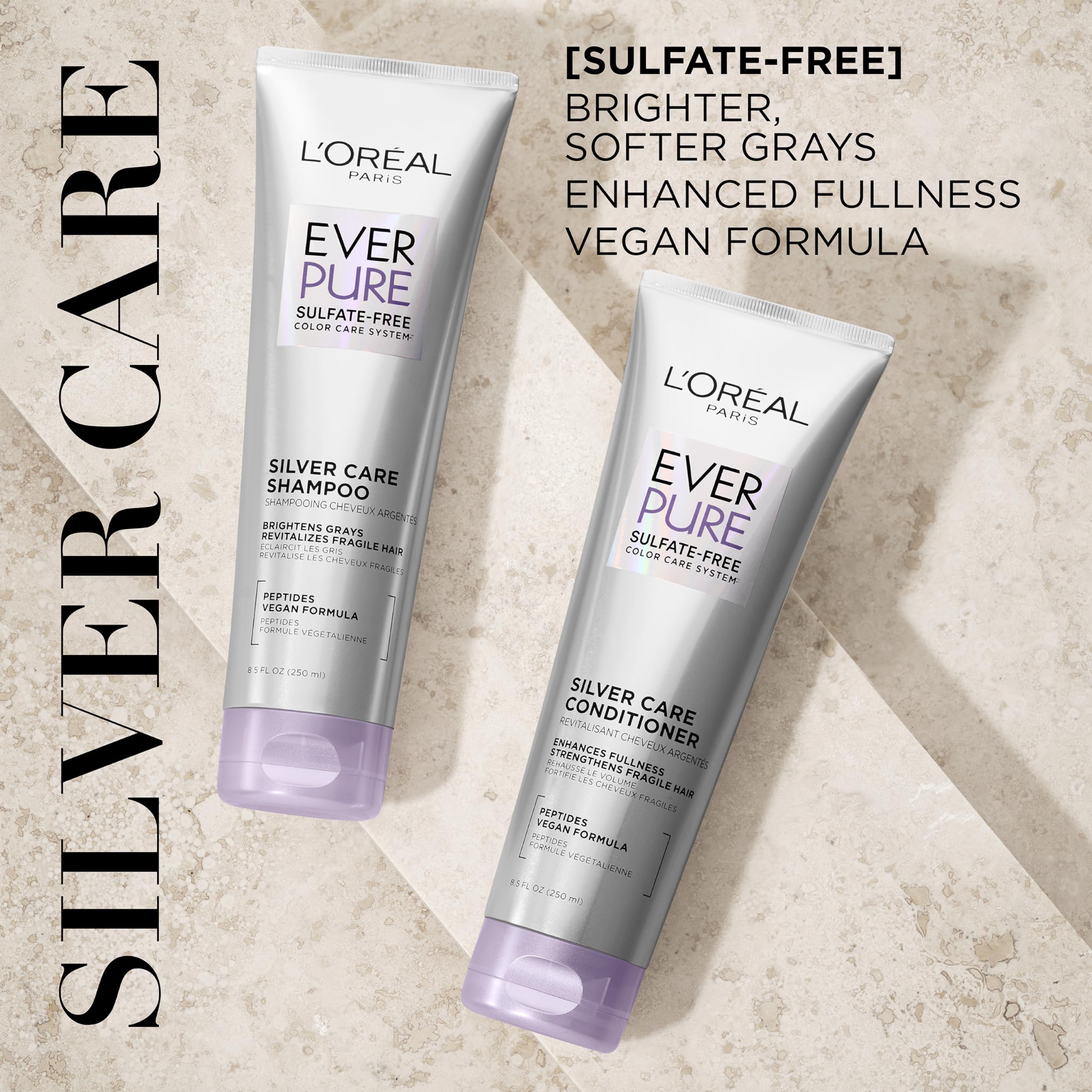 L'Oreal Paris EverPure Silver Care conditioner packaging close-up emphasizing vegan formula.