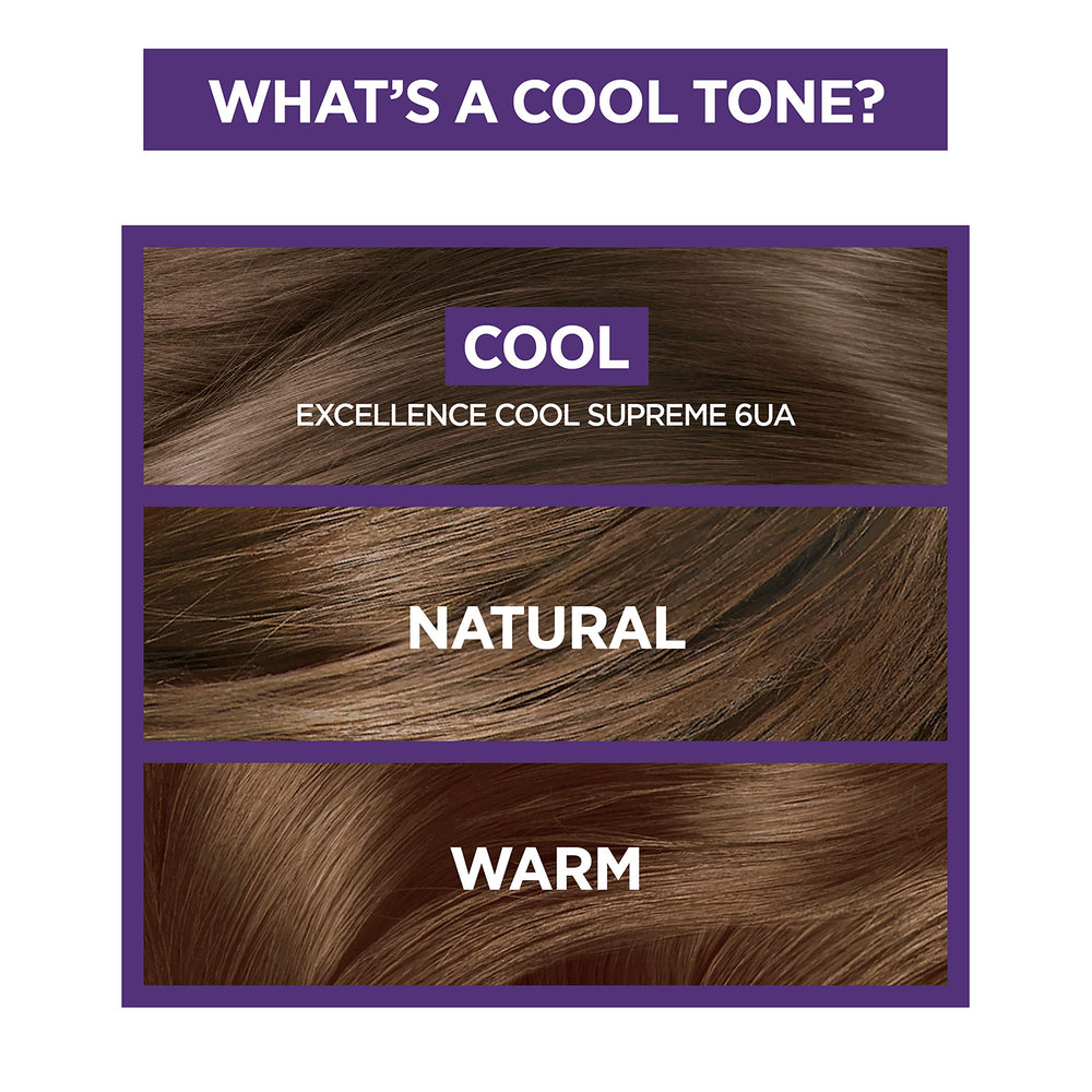 L'Oreal Paris Excellence Cool Supreme 6UA finished cool ash color on hair.