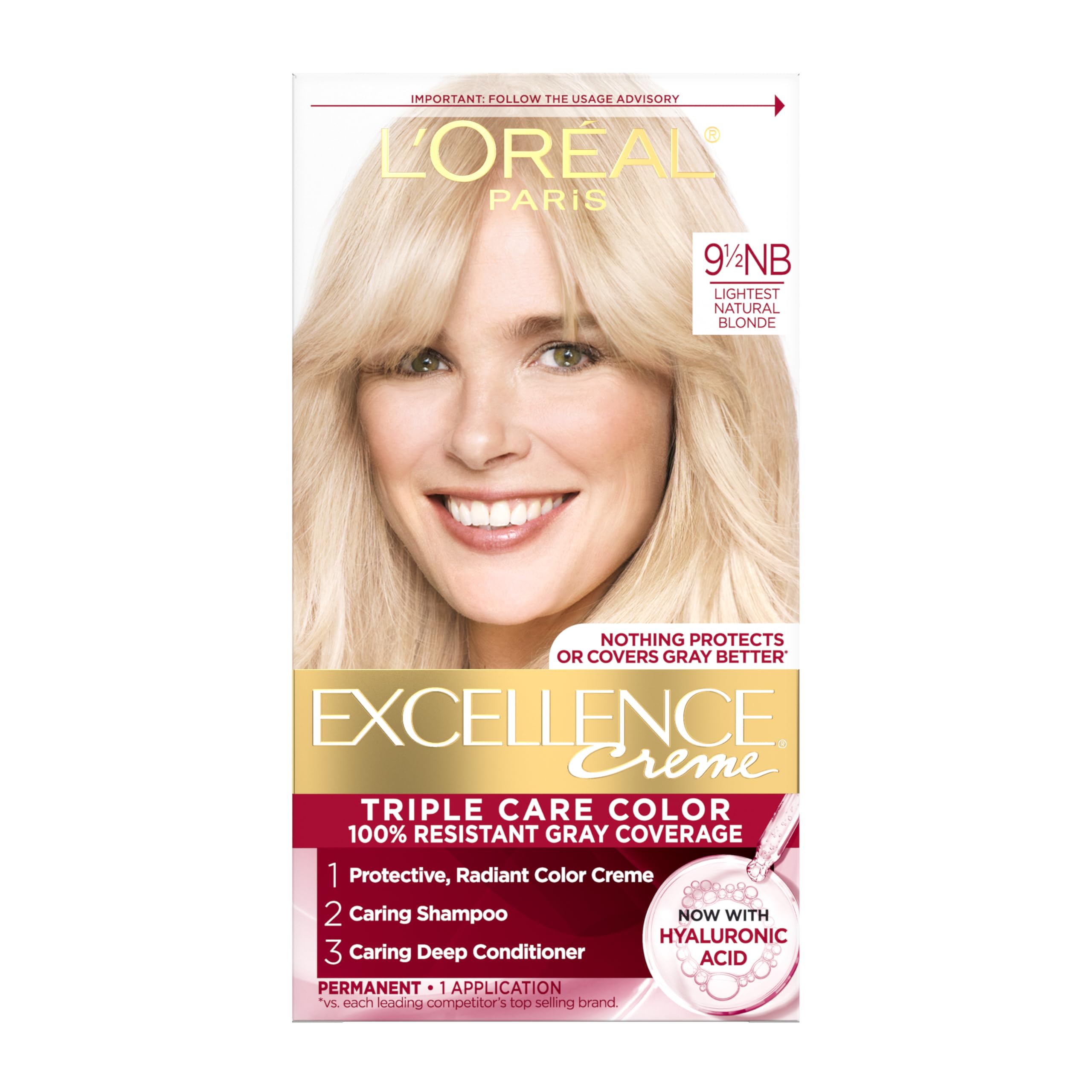 L'Oreal Paris Excellence Crème protective color cream bottle delivers gray coverage.