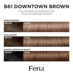 L'Oreal Paris Feria Downtown Brown color swatches show bold shade range