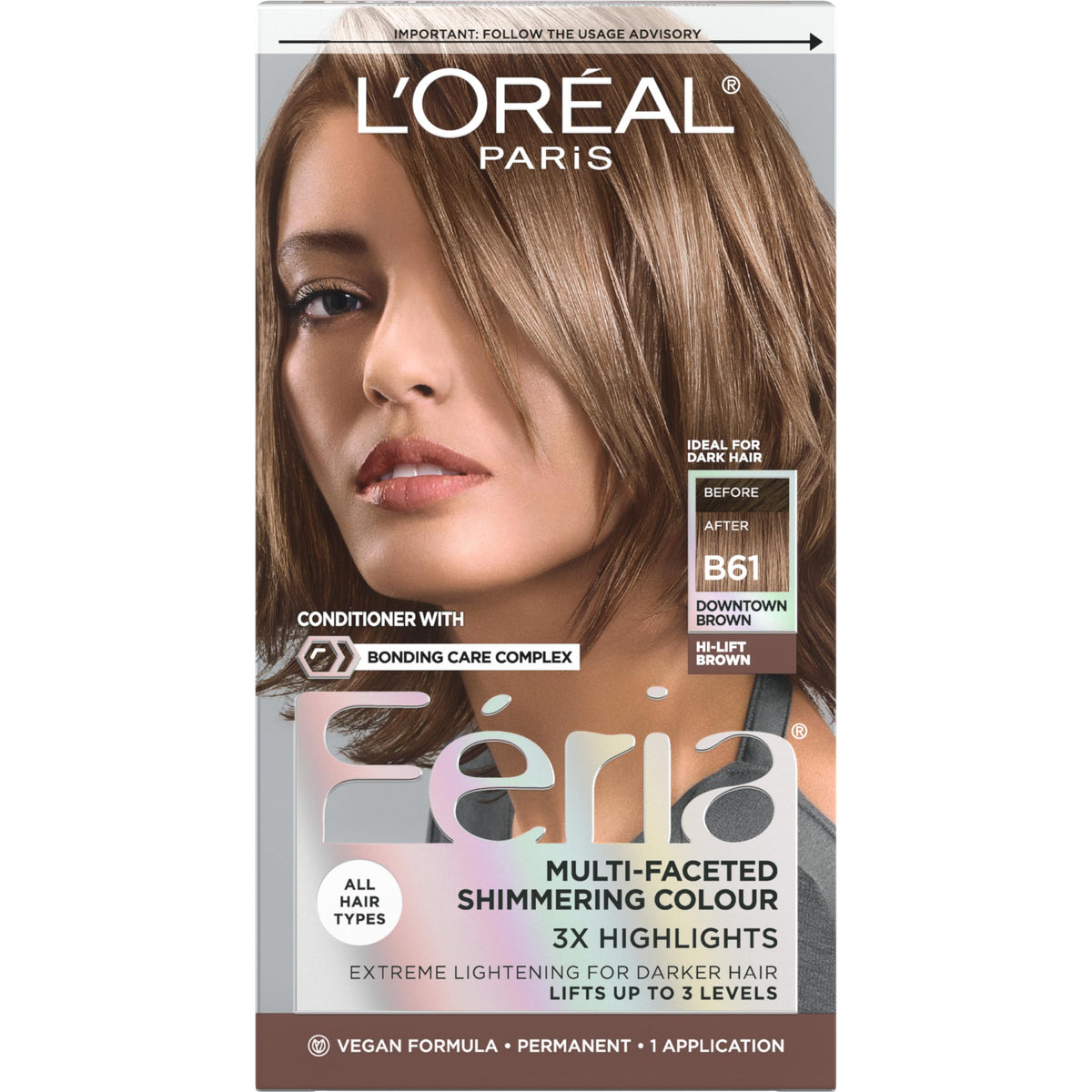 L'Oreal Paris Feria Downtown Brown pack shot highlights shimmering color option