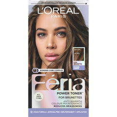 L'Oreal Paris Feria Iced Brunette bottle pour shows anti-brass toning for brunettes.