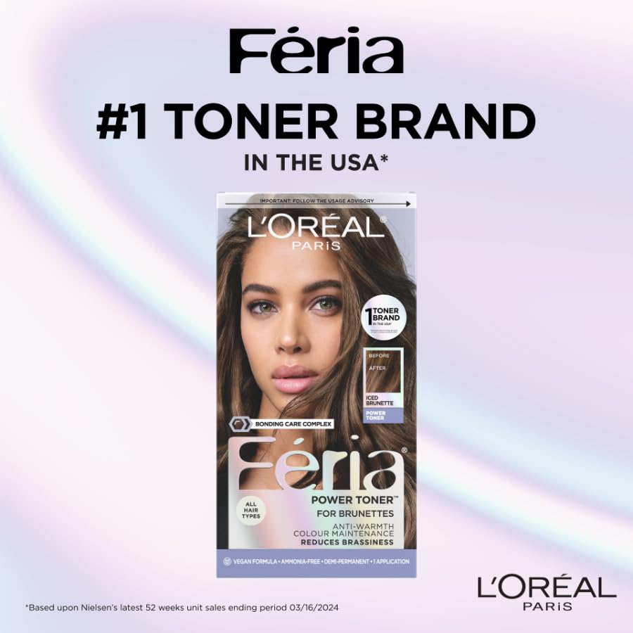 L'Oreal Paris Feria Iced Brunette packaging on display highlights ammonia-free formula.