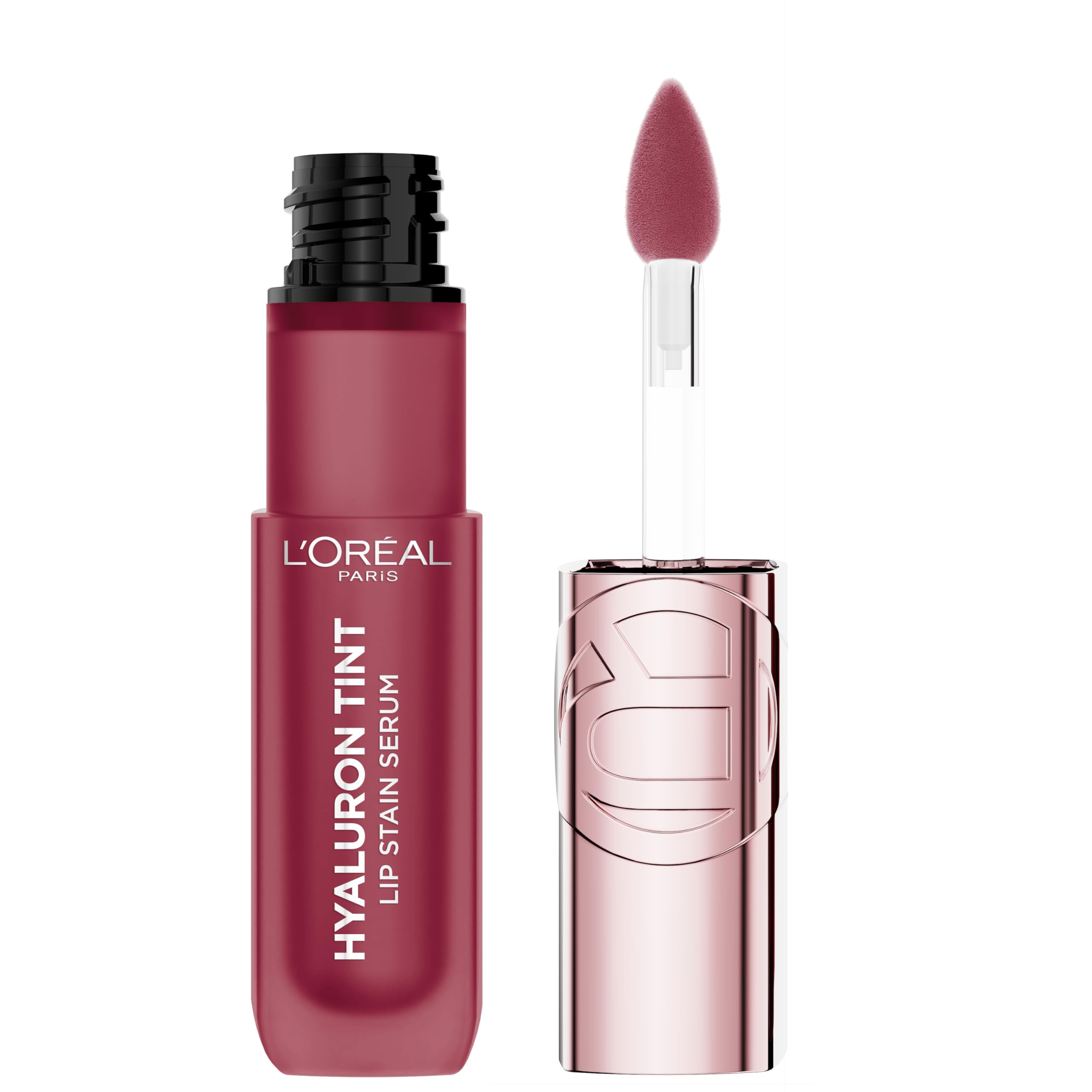 L'Oreal Paris Hyaluron Tint Lip Stain Serum Berry Jolie on lips with hydrated color.