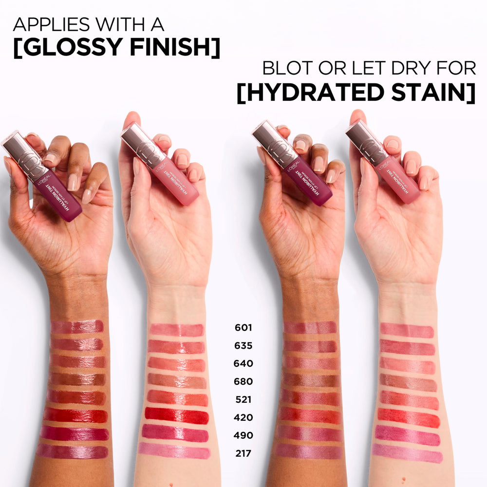L'Oreal Paris Hyaluron Tint Lip Stain Serum color range swatches.