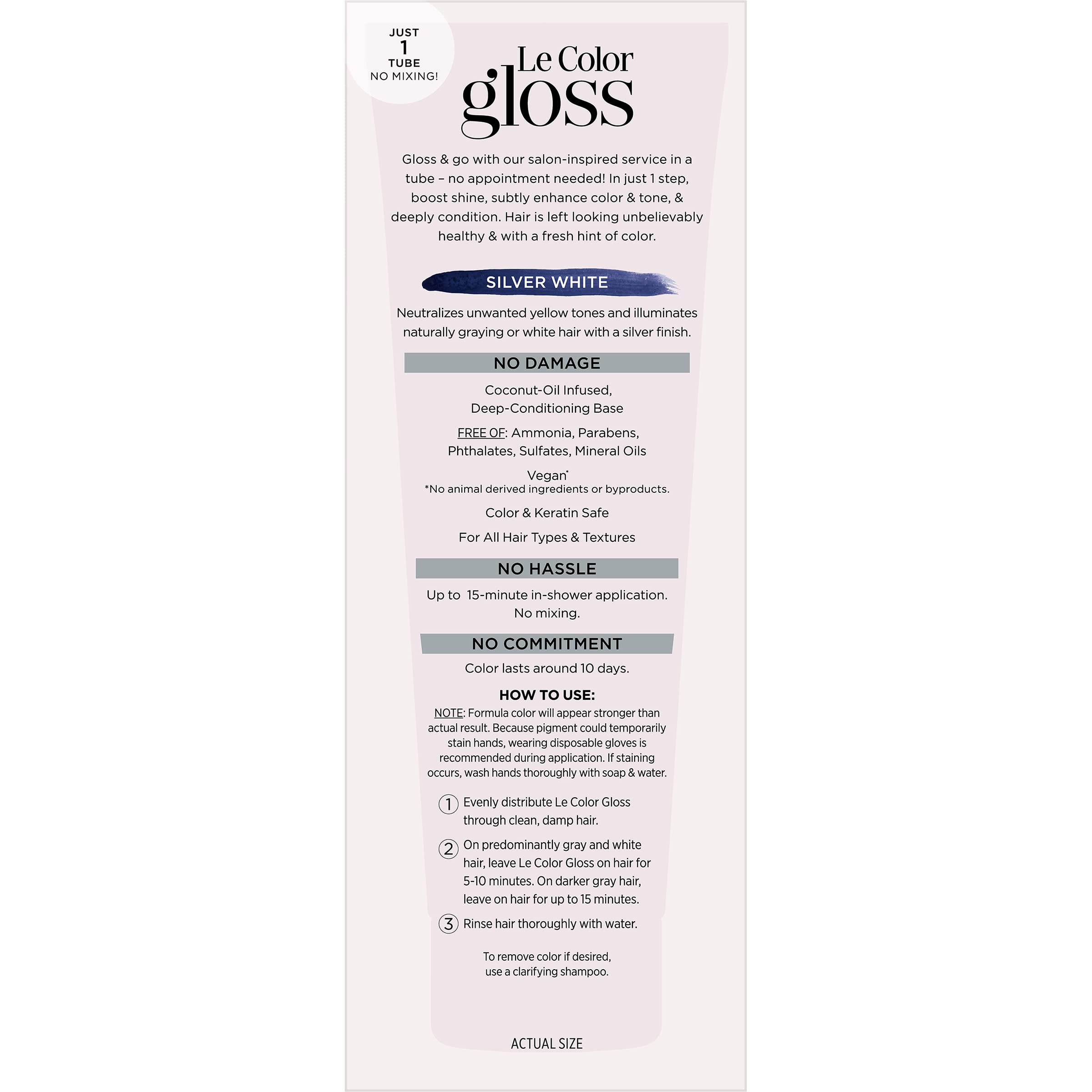 L'Oreal Paris Le Color Gloss on gray hair shows refreshed brass-free tone.
