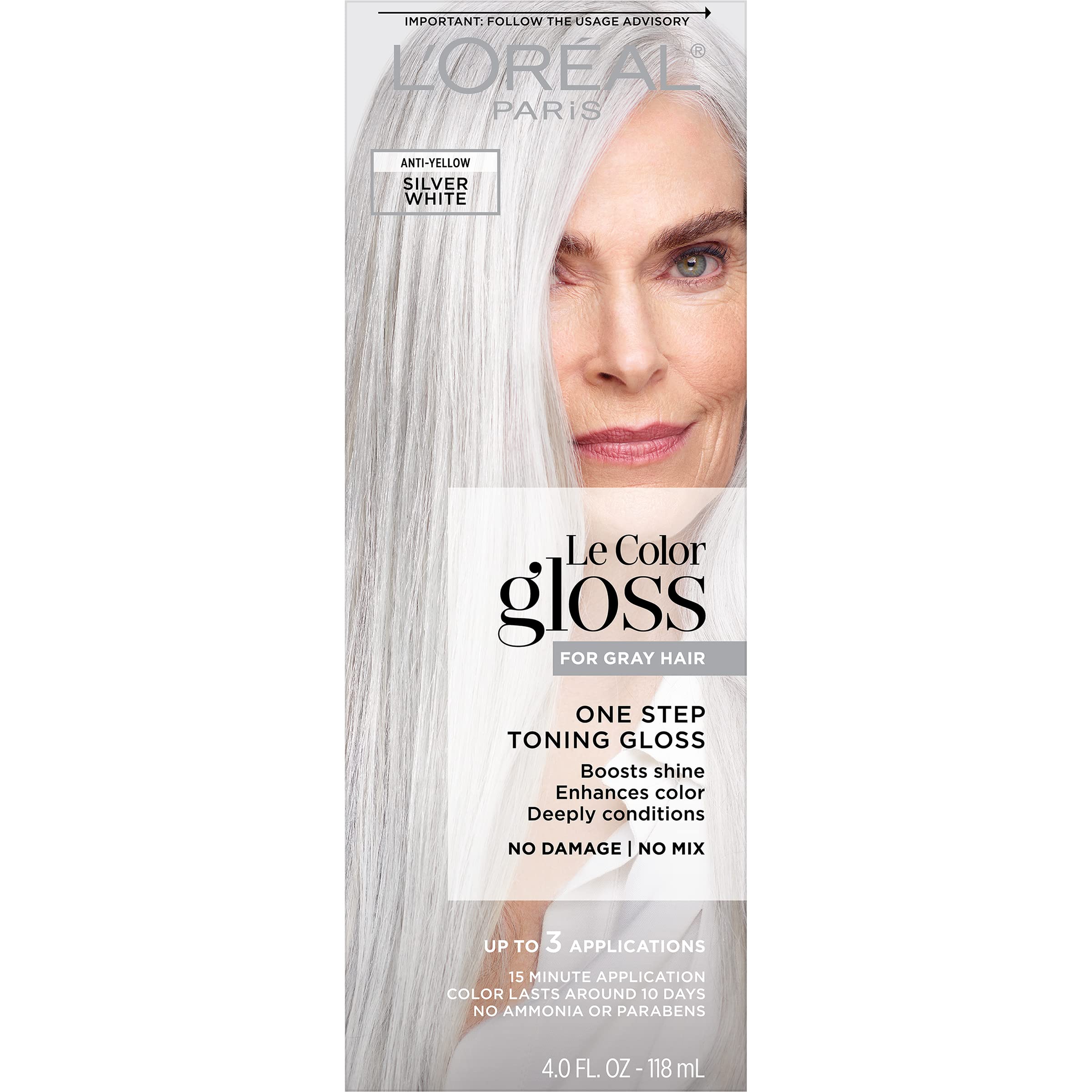 L'Oreal Paris Le Color Gloss tube close-up for in-shower toning on gray hair.