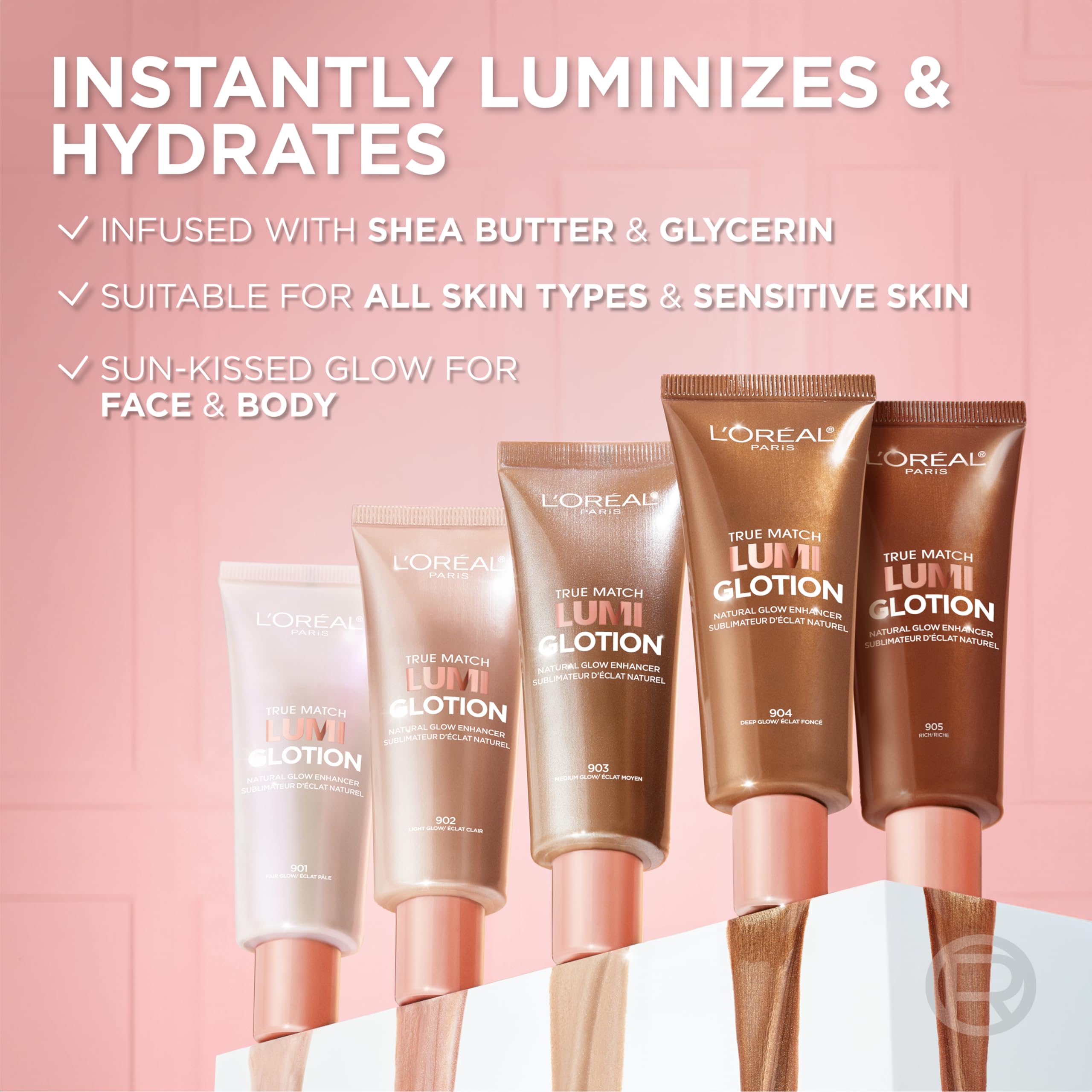 L'Oreal Paris Lumi Glotion swatch shows targeted highlight on high points