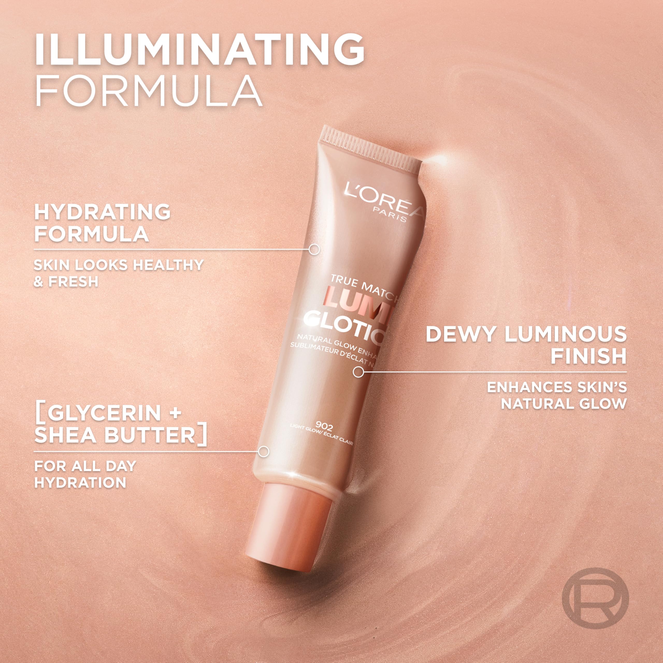 L'Oreal Paris Lumi Glotion texture swatch emphasizes lightweight, hydrating formula