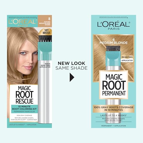 L'Oreal Paris Magic Root Permanent Hair Color 10-minute root rescue for gray coverage.