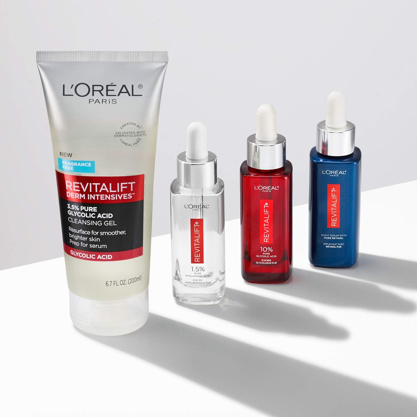 L'Oreal Paris Revitalift packaging and gel texture on clean vanity