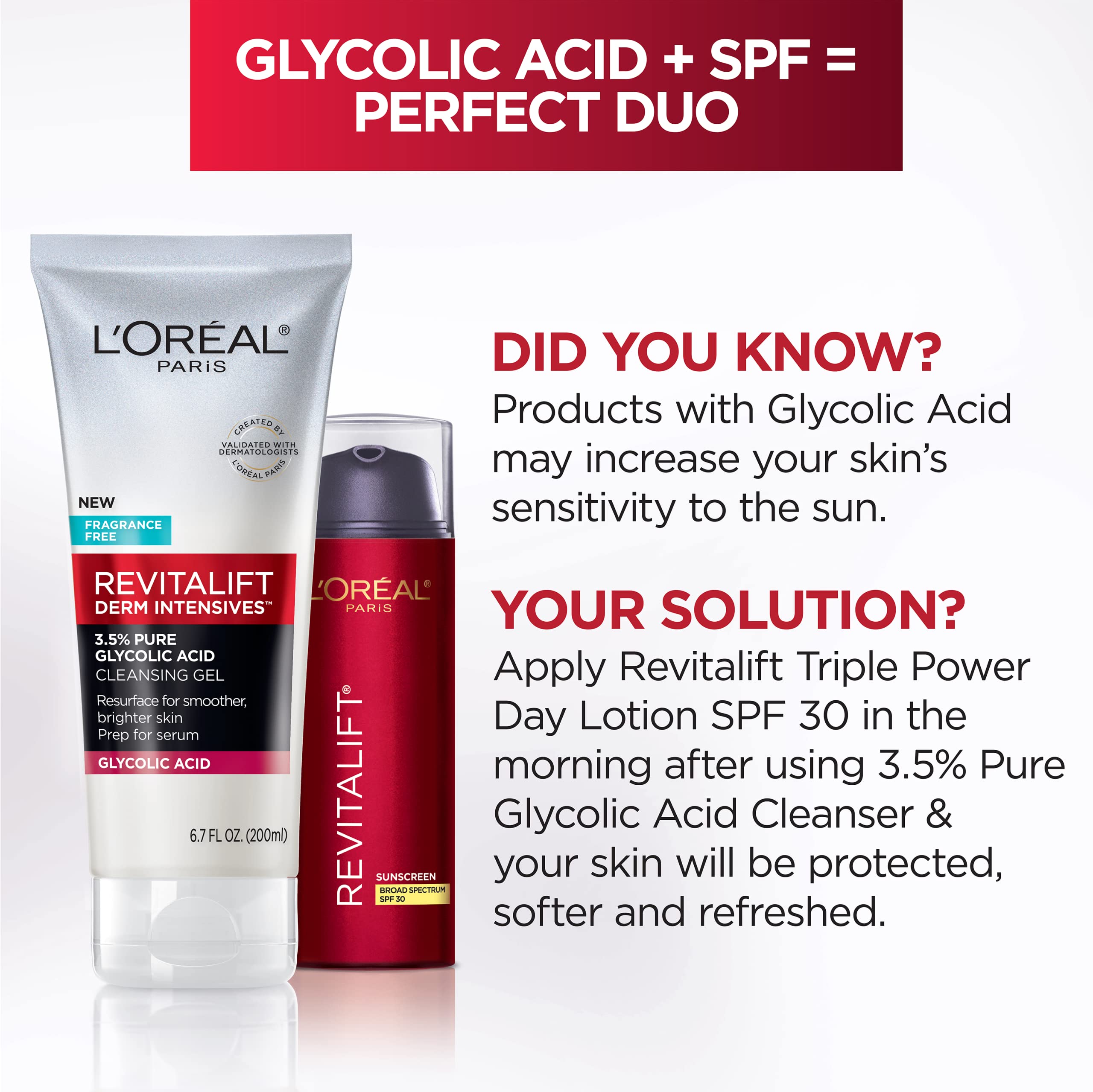 L'Oreal Paris Revitalift glycolic cleanser with Aloe shown beside skincare routine