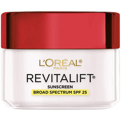 L’Oréal Paris Revitalift SPF25 moisturizer packaging close-up for daily sun protection.