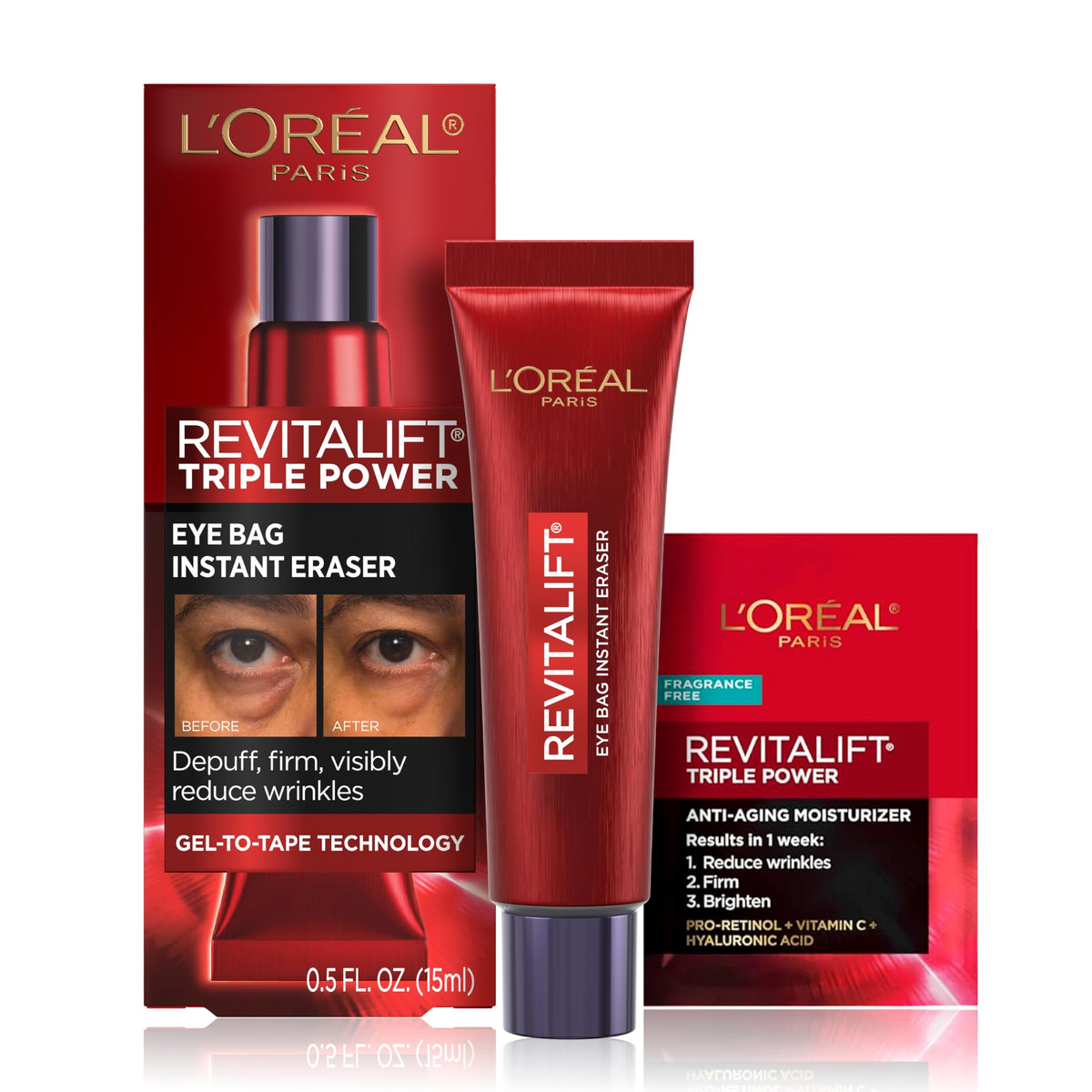 L'Oreal Paris Revitalift Eye Bag Eraser bottle shows instant tightening benefits