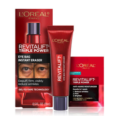 L'Oreal Paris Revitalift Eye Bag Eraser bottle shows instant tightening benefits