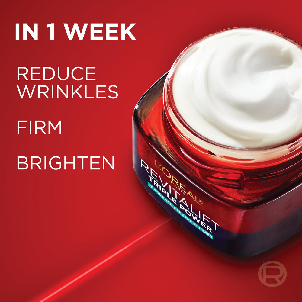 L'Oreal Paris Revitalift packaging highlights Pro-Retinol, Hyaluronic Acid for firming and hydration.