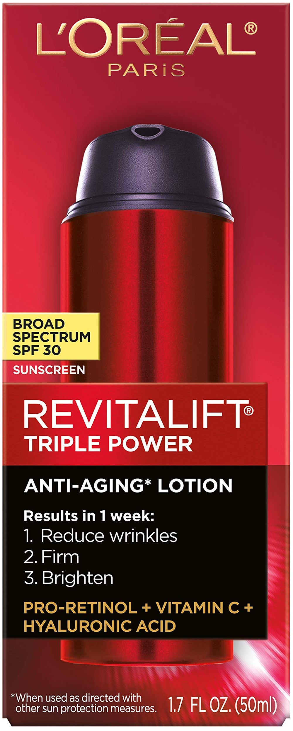 Close-up of SPF30 lotion spread on skin for firming and brightness.