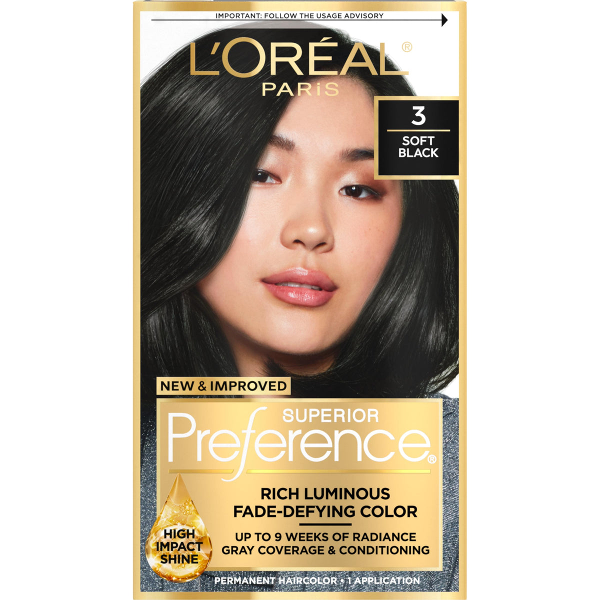 L’Oréal Paris Superior Preference soft black 3 color gel for precise, long-lasting color.