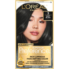 L’Oréal Paris Superior Preference soft black 3 color gel for precise, long-lasting color.