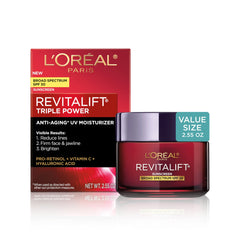 L'Oreal Paris Triple Power moisturizer bottle pump for easy daily application and hydration.