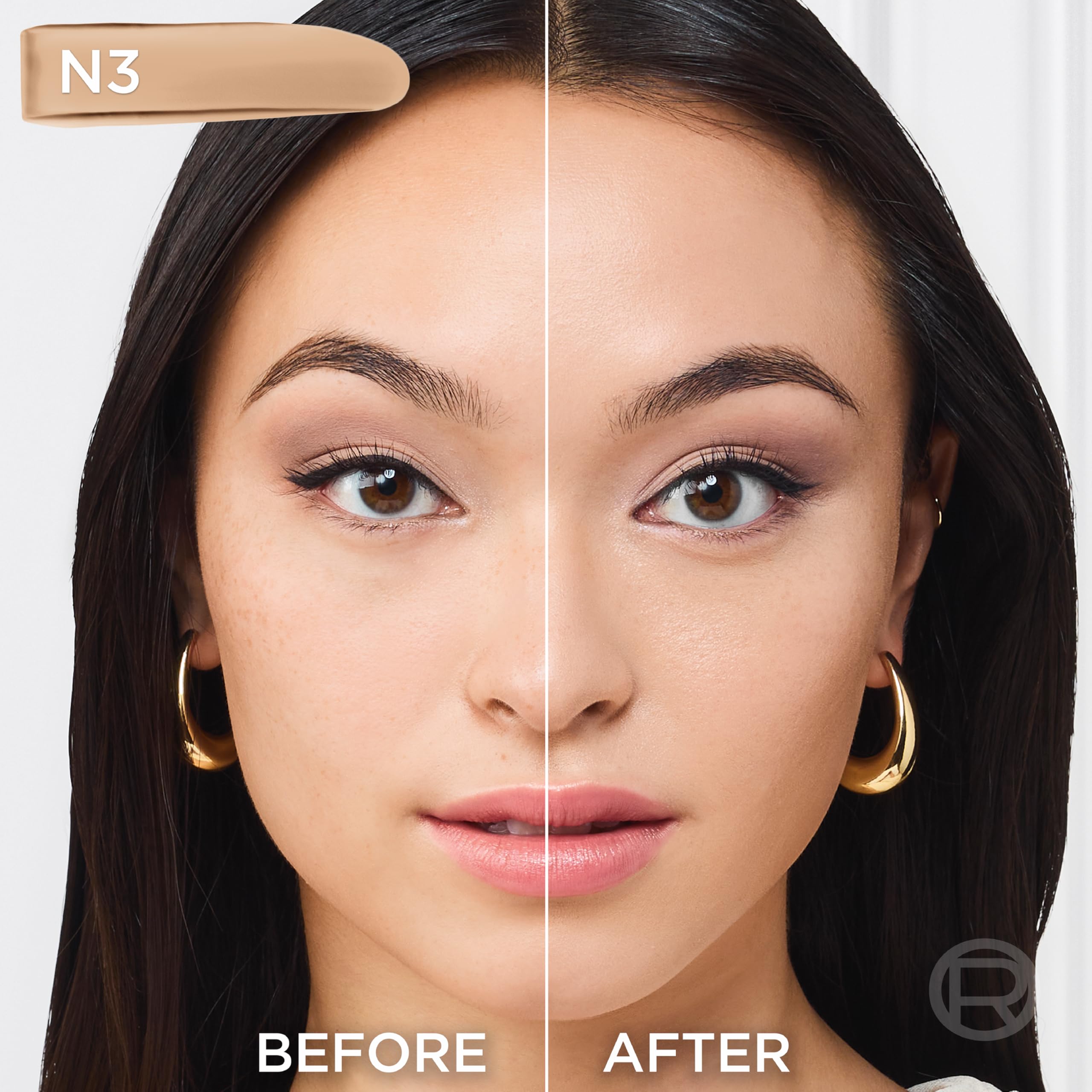 L'Oreal Paris True Match texture close-up highlights skin-adaptive coverage.