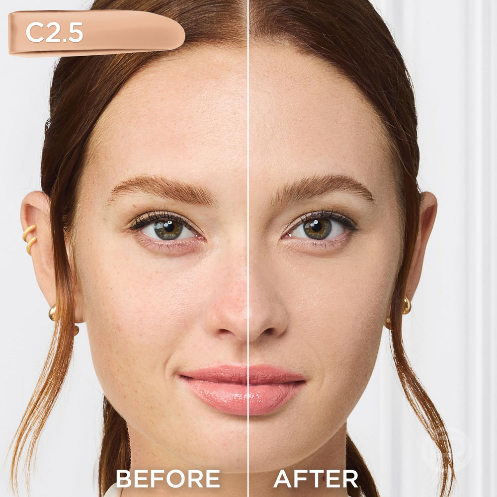 Close-up of texture showing creamy, buildable medium coverage blending into skin.