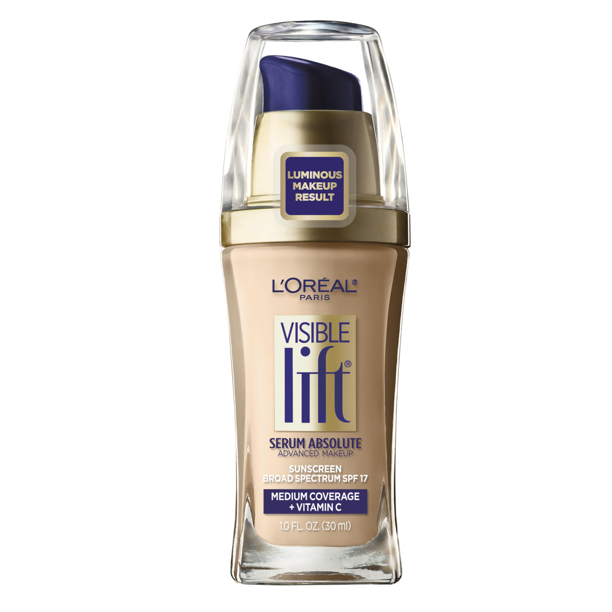 L'Oreal Paris Visible Lift Serum Absolute Foundation Nude Beige bottle with pump delivering even, radiant skin.
