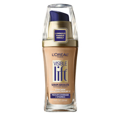 Loreal Paris Visible Lift Serum Absolute Foundation Sand Beige bottle for radiant, even skin tone.