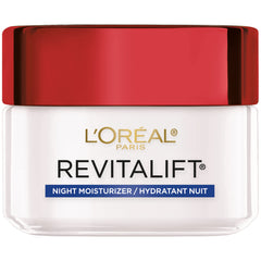 L'Oreal Paris Revitalift night cream jar close-up showing rich texture for overnight hydration.