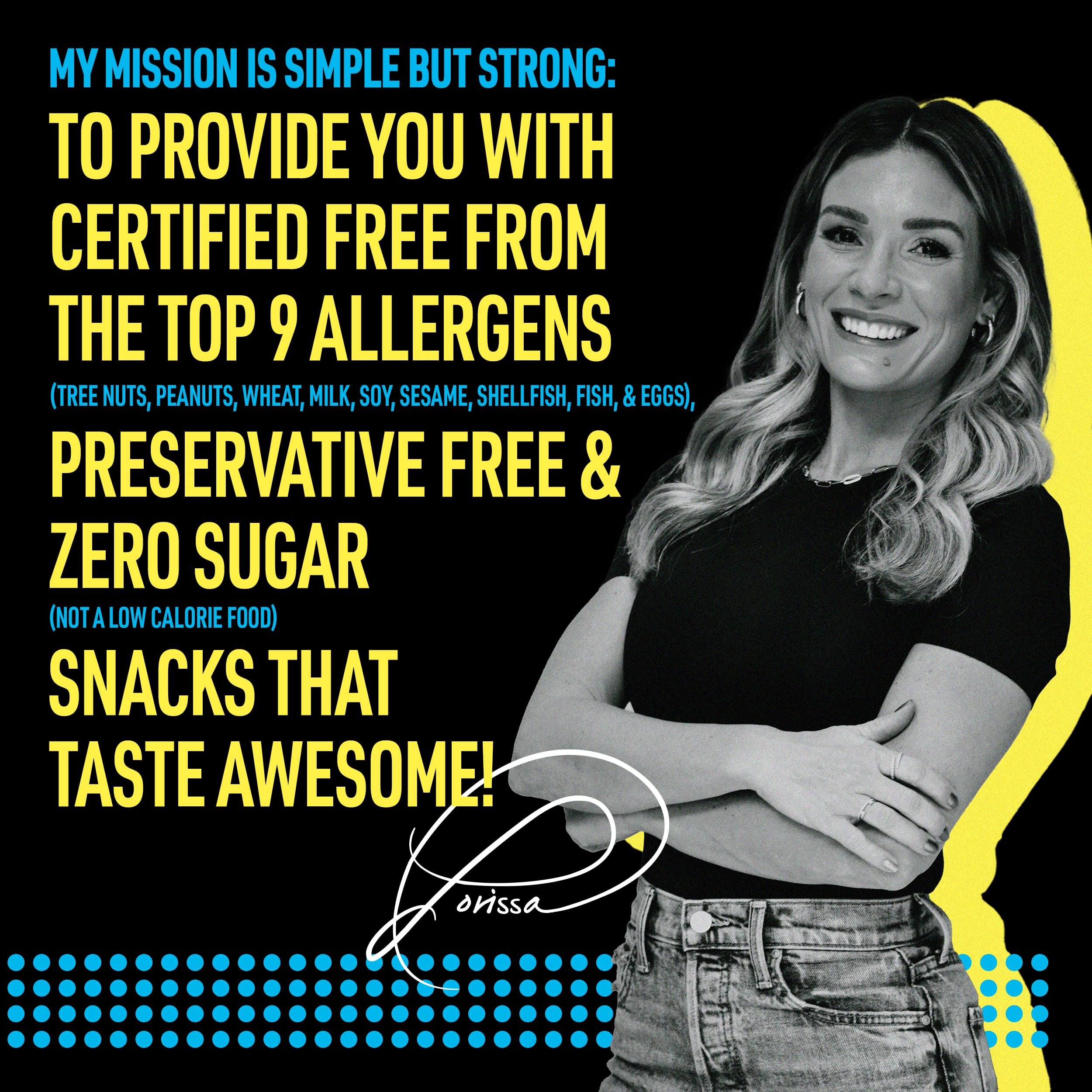 Lorissa's Kitchen top 9 allergen-free badge signals safe snacking.