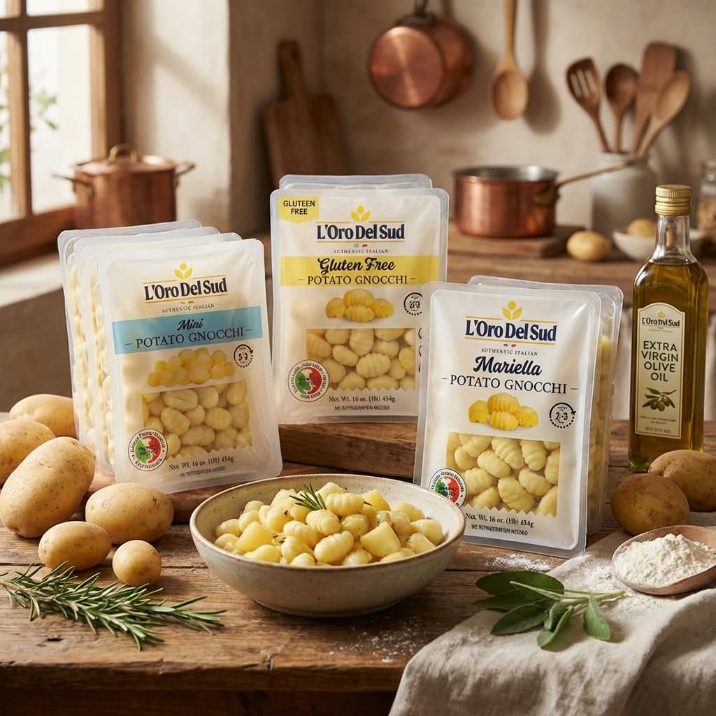 L'Oro Del Sud non-GMO gnocchi with versatile sauce pairings.
