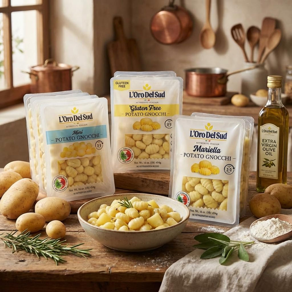 L'Oro Del Sud non-GMO gnocchi with versatile sauce pairings.