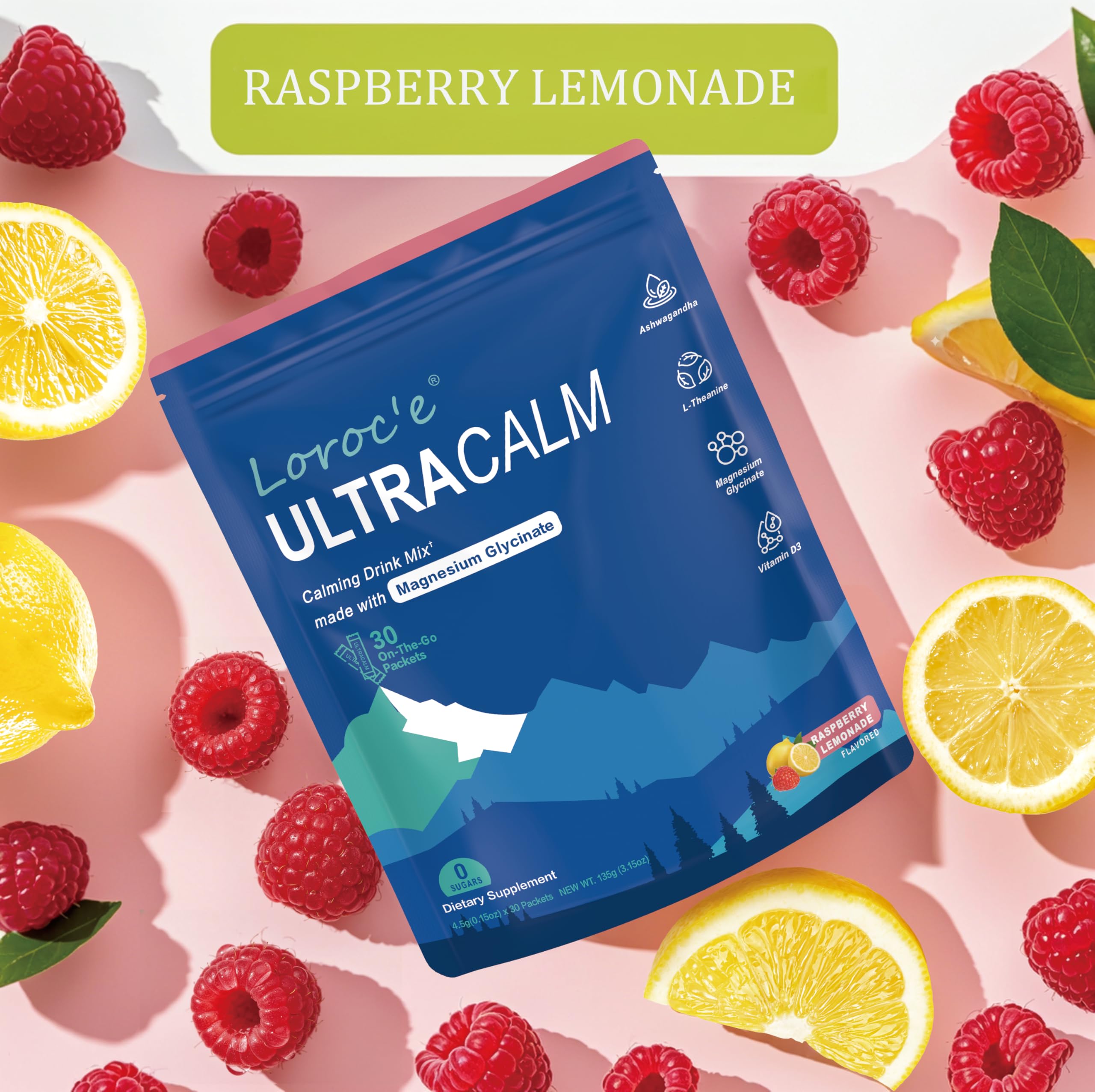 Loroc'e Ultracalm powder dissolving in water for a refreshing, sugar-free sip.