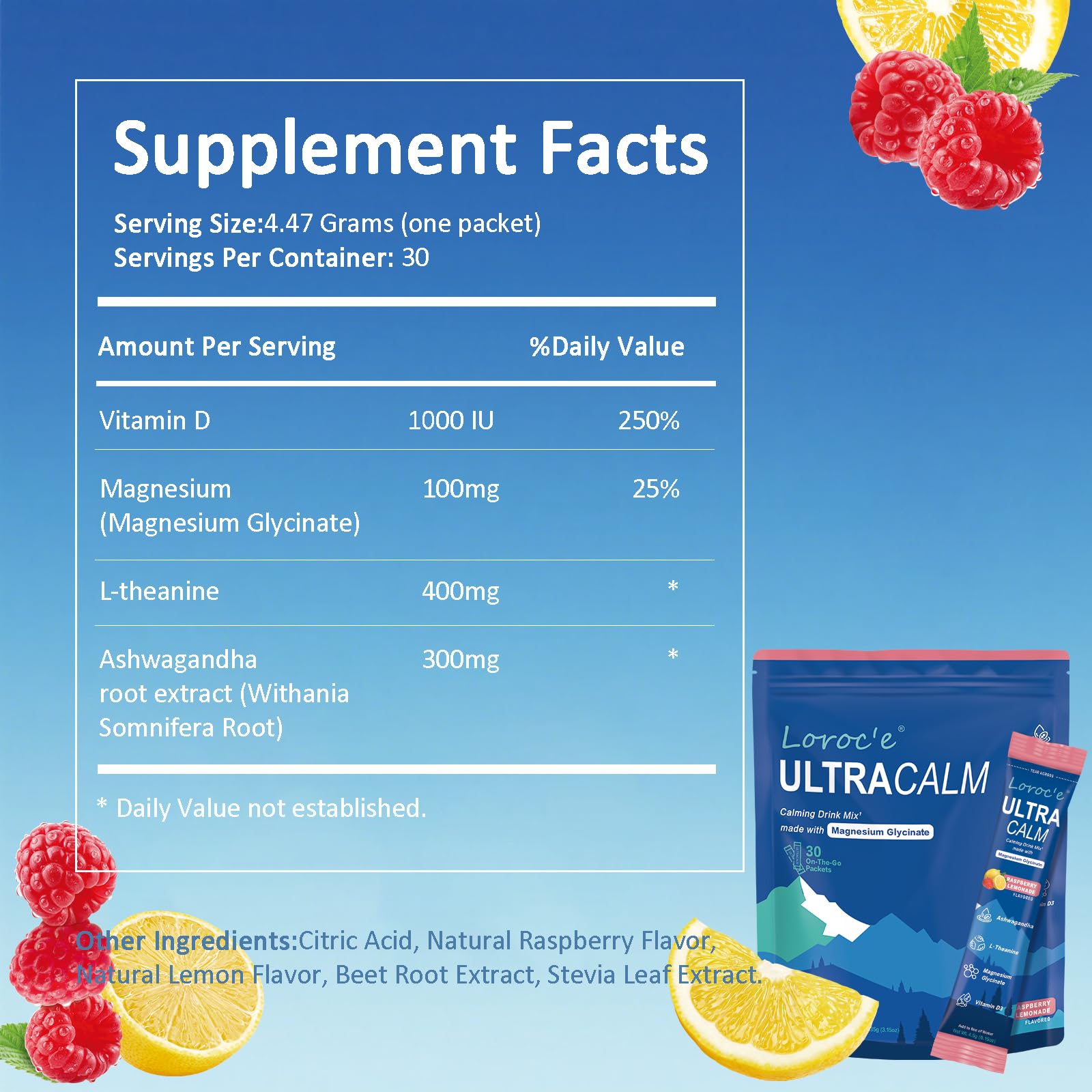 Loroc'e Ultracalm ingredients graphic showing magnesium, L-theanine, and ashwagandha.