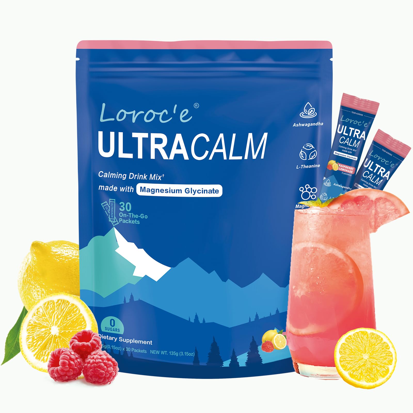 Loroc'e Ultracalm raspberry lemonade packet ready to mix for a calming moment.