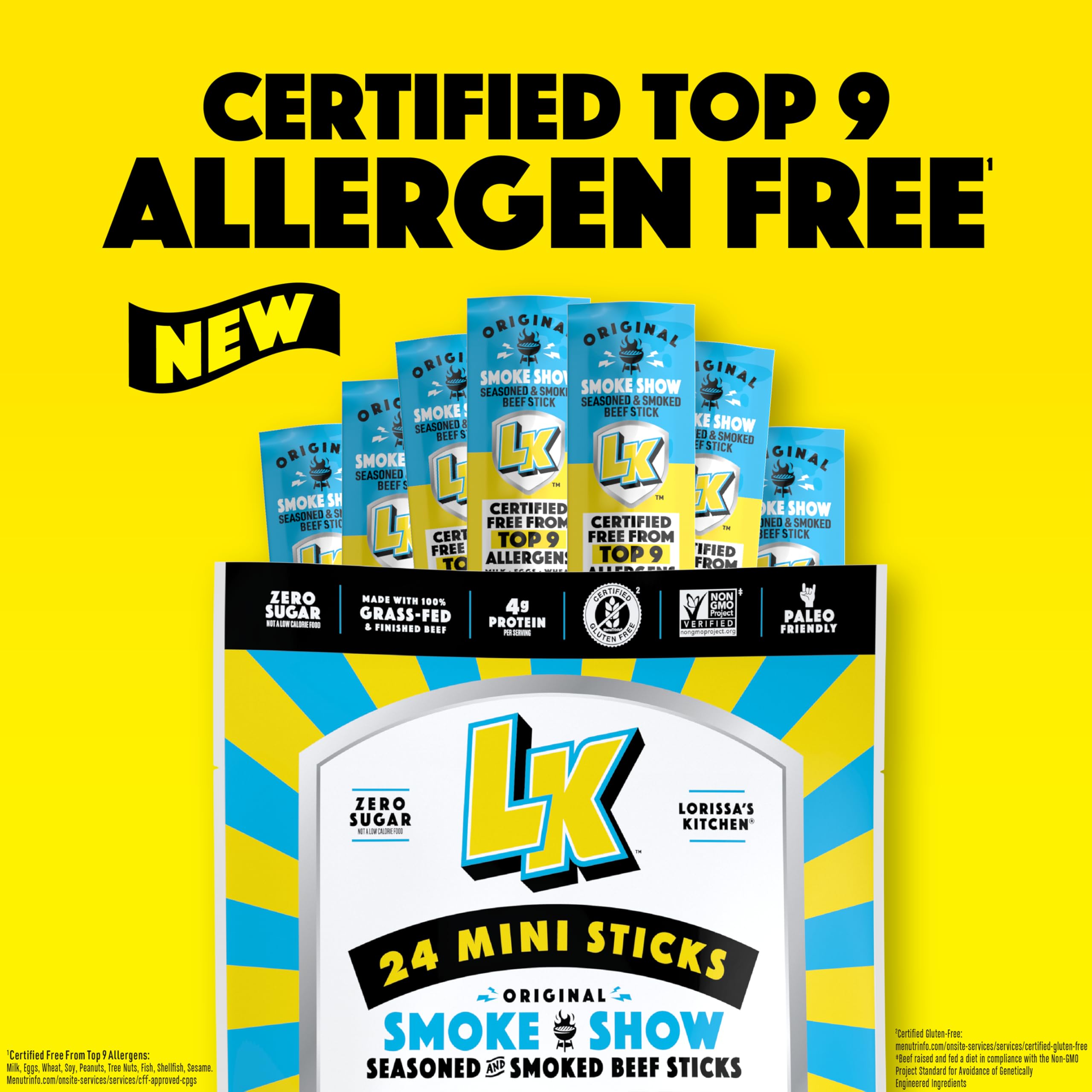 Lorissa's Kitchen Smoke Show ingredients label shows allergen-free and grass-fed beef
