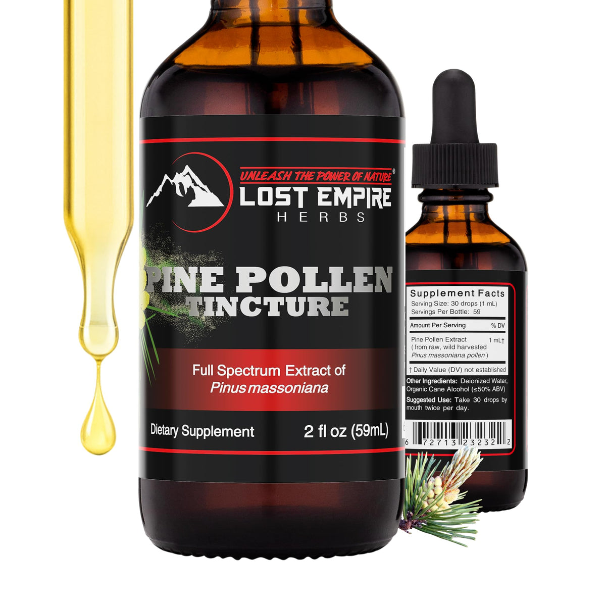 Lost Empire Herbs Pine Pollen Tincture bottle on display, promotes natural vitality with dual extraction.