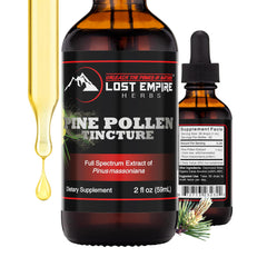 Lost Empire Herbs Pine Pollen Tincture bottle on display, promotes natural vitality with dual extraction.