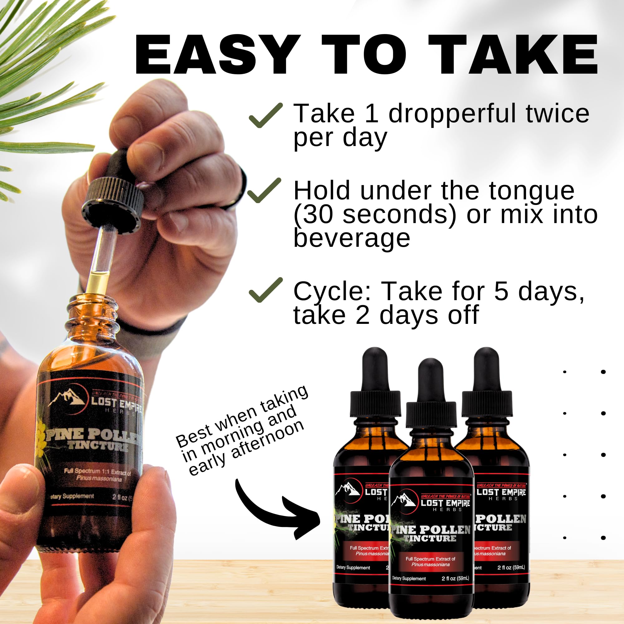 Lost Empire Herbs Pine Pollen Tincture dose syringe; precise measurement for cycling regimen.